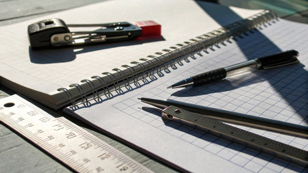 Notebook, pen, ruler and compasses on a wooden table