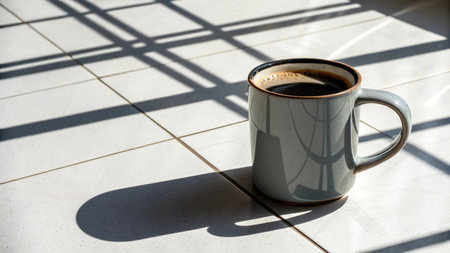 Coffee cup with shadow on the floor in morning sunlight.