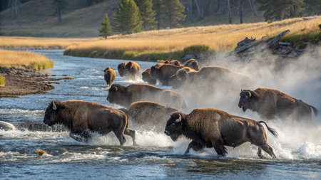 Buffalo crossing Yellowstone River in Yellowstone National Park, Wyoming, USA