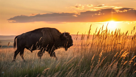 Bison in the prairie at sunset, Yellowstone National Park, Wyoming, USA
