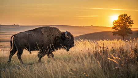 Bison in the Yellowstone National Park, Wyoming, USA at sunrise.