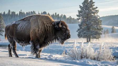American bison (Bison bonasus) in winter landscape.の写真素材