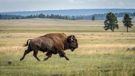 Bison running in Yellowstone National Park, Wyoming, United States.の写真素材