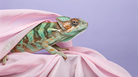 Chameleon sitting on a pink fabric, isolated on purple background