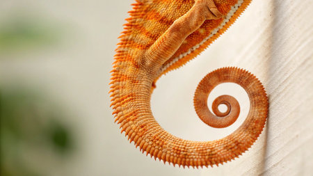 Close up of a chameleon on a white wall with a spiralの写真素材
