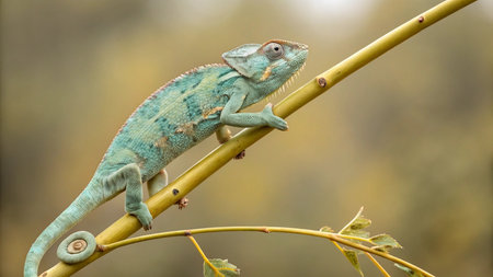 Chameleon sitting on a branch of a tree in the forestの写真素材