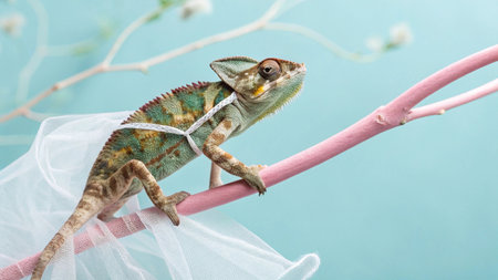 Chameleon on a branch on a blue background, close-upの写真素材
