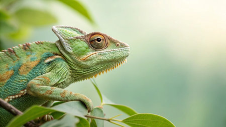 Close up of a chameleon on a tree in the garden