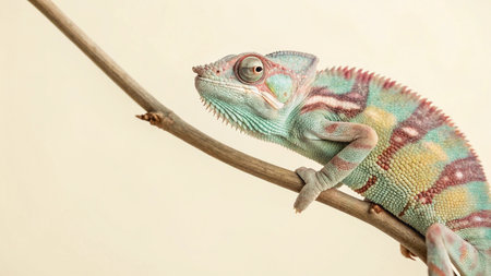 Colorful chameleon on a branch isolated on white background.
