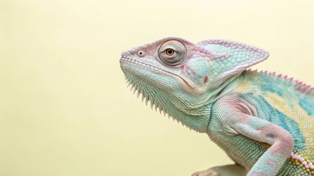 Chameleon on yellow background, close-up, copy space