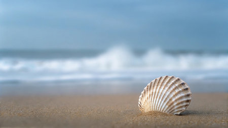 Seashell on the sand of a beach with waves in the background