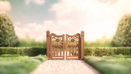 Wooden door in the garden. 3D render. Vintage style.の写真素材