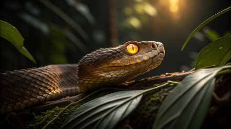 Close up view of the head of a snake in the jungle.