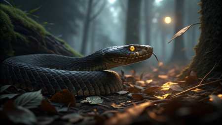 Black cobra in the dark forest, 3d rendering. Computer digital drawing.