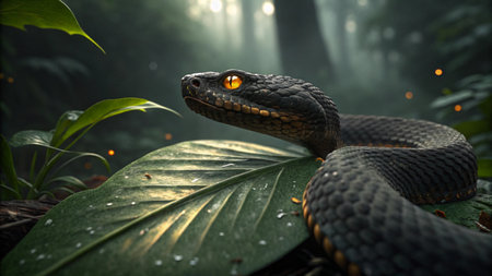 Black snake on a green leaf in the forest. 3D rendering
