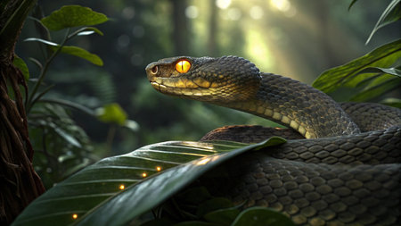 Close up of snake in the jungle with light coming from the eyes