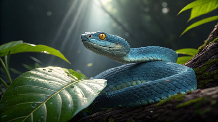 Blue snake in the rainforest. Wildlife scene from tropics.