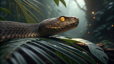 Close up of a snake on a tree in a tropical forest.の写真素材