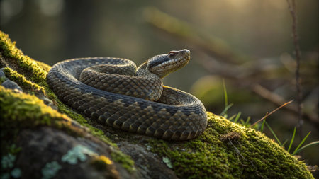 Close-up of a viper on a rock in the forest