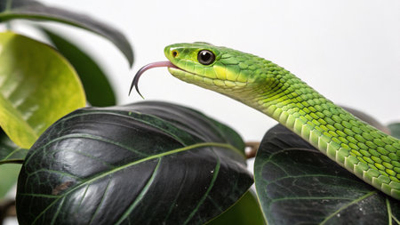 Green pit viper on a plant in a white room, close-up