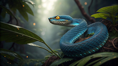 Blue snake in the jungle,3d rendering. Computer digital drawing.