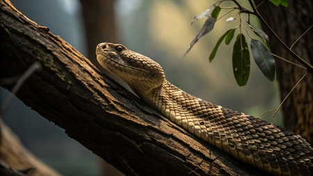 snake on the tree in the forest, closeup of photoの写真素材