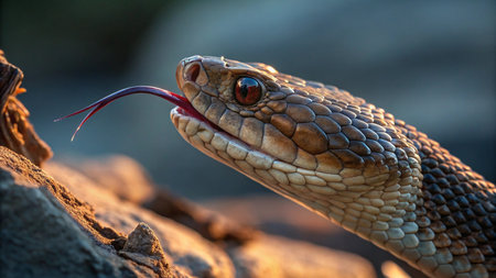 Close up of the head of a snake with a red tongue.の写真素材