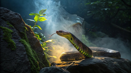 snake on the rock in the dark forest with smoke and fog
