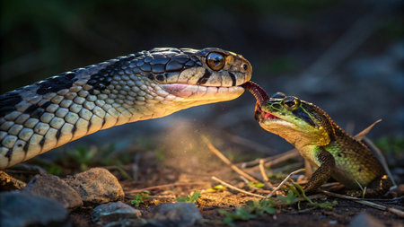 The european rat snake (Ptyas pictus) eating a frog