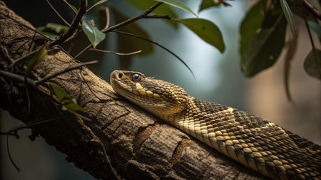 Close up of a rattlesnake on a tree branch.の写真素材