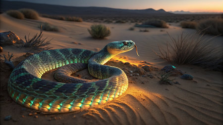 A closeup shot of a snake in the desert under the sunset