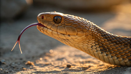 Close up of the head of a cobra snake in the sand
