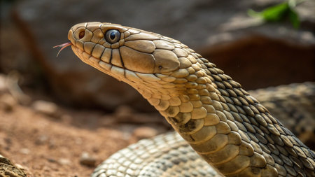 Close-up of the head of a venomous cobra snakeの写真素材