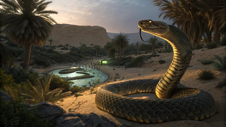 3D rendering of a cobra snake in the desert at sunsetの写真素材