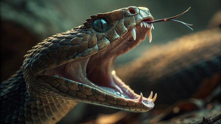 Close-up of a venomous snake with open mouth in nature