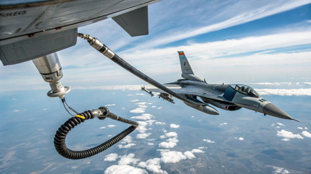 F-16 fighter jet in flight above the clouds. Military aircraft.