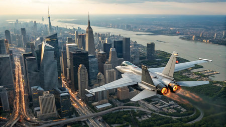 Aerial view of Chicago downtown skyscrapers with airplane taking off.