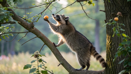 Raccoon holding an orange on a tree branch in the forestの写真素材