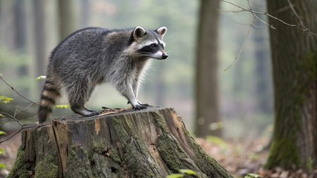 Raccoon (Procyon lotor) on a stumpの写真素材