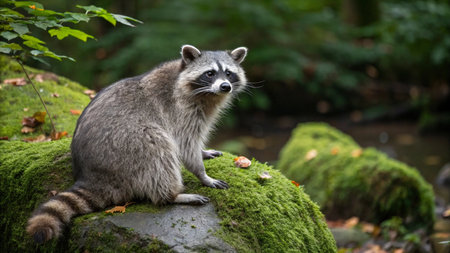 Raccoon sitting on a rock in the forest, close upの写真素材