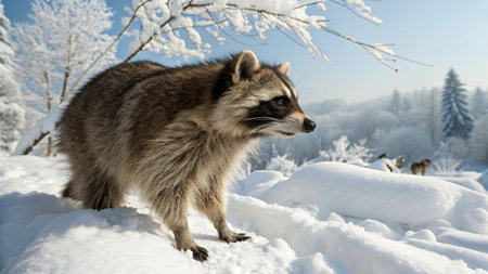 Raccoon in the winter forest. Beautiful wild animal on snowの写真素材