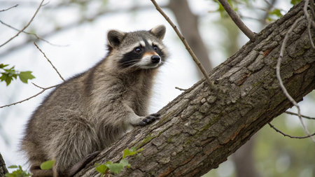 Raccoon sitting on a tree branch in the forest. Wildlife scene from nature.の写真素材