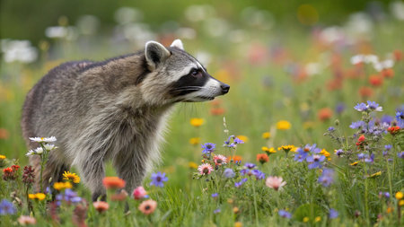 Raccoon in a flower meadow on a sunny summer day