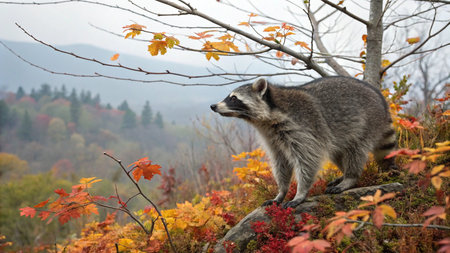 Raccoon standing on a rock with autumn leaves in the backgroundの写真素材