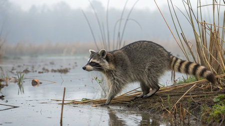 Raccoon (Procyon lotor) in a marshの写真素材