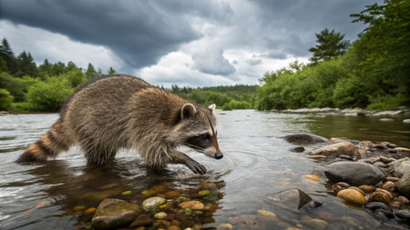 Raccoon in the water of a mountain river, Finland.