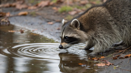 Raccoon drinking water from a puddle in the park.の写真素材