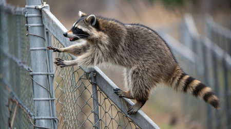 Raccoon climbing on a fence, close-up photo.の写真素材