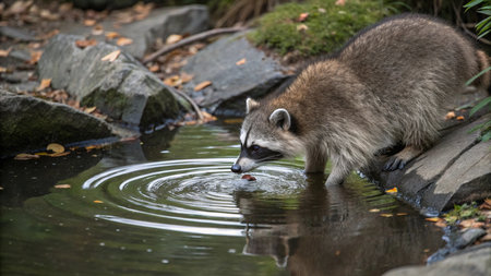 Raccoon drinking water in a pond in a public park.の写真素材