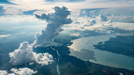 Aerial view of the clouds and the river in the morning.
